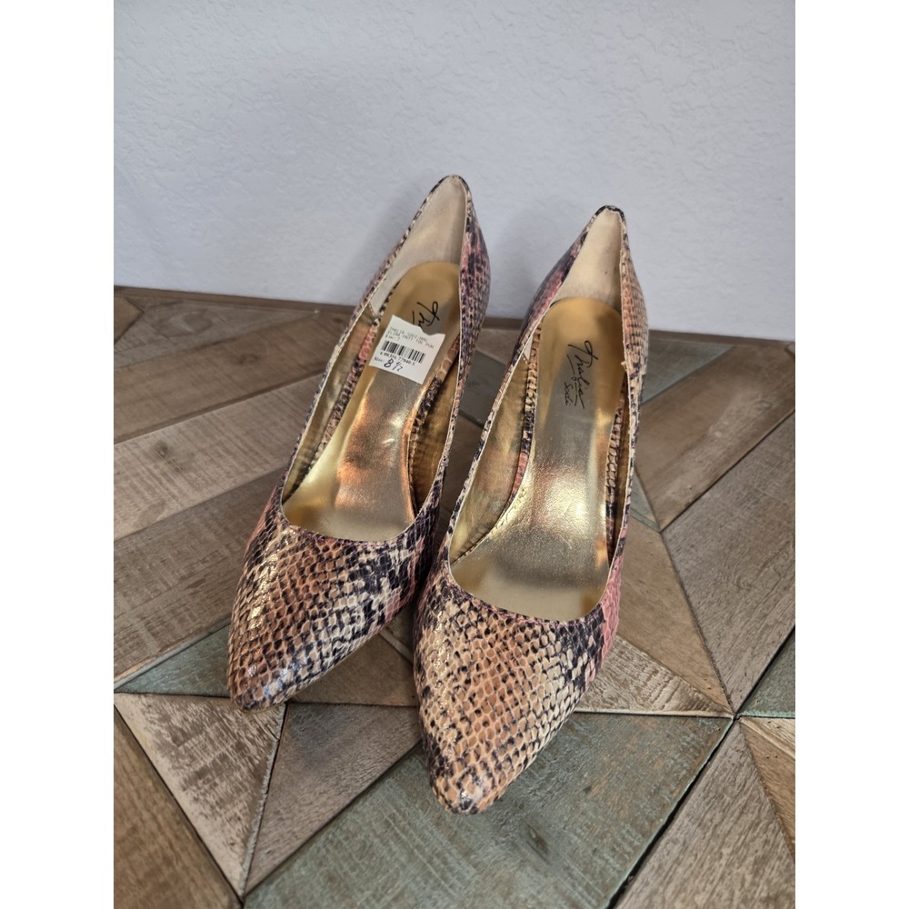 Thalia Sodi Womens 8.5M Elina Snake Print Heels Pump Gold Stiletto Pink Shoes NE - Picture 2 of 7